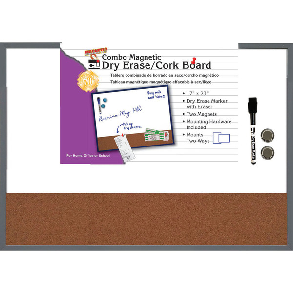 Charles Leonard Magnetic Dry Erase Board w/Cork Board, 17in x 23in, Gray Frame 35415